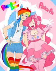 Rule 34 | 2girls, animal ears, breasts, character name, cleavage, closed eyes, gloves, hand on own hip, hip focus, holding another&#039;s arm, jacket, large breasts, long hair, multicolored clothes, multicolored hair, multicolored legwear, multiple girls, my little pony, my little pony: friendship is magic, open mouth, patterned legwear, personification, pink hair, pinkie pie, quere, rainbow dash, rainbow hair, shirt, short hair, shorts, skirt, striped clothes, striped legwear, striped thighhighs, t-shirt, tail, thighhighs, zettai ryouiki