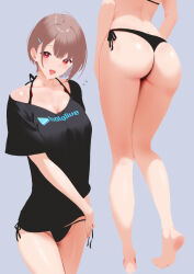 Rule 34 | 1girl, alternate costume, ass, bare legs, barefoot, bikini, bikini under clothes, black bikini, black shirt, breasts, brown hair, cleavage, clothes writing, cohi27151463, feet, grey background, harusaki nodoka, hashtag-only commentary, highres, hololive, kneepits, knees together feet apart, large breasts, legs, looking at viewer, lower body, open mouth, paid reward available, red eyes, shirt, short hair, side-tie bikini bottom, simple background, smile, soles, solo, standing, sweat, swimsuit, toes, virtual youtuber