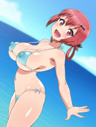 Rule 34 | :d, aqua bikini, bare arms, bat hair ornament, bikini, breasts, cleavage, covered erect nipples, day, elf k, fang, feet out of frame, from side, gabriel dropout, hair between eyes, hair ornament, hair rings, highres, large breasts, large nipples, looking at viewer, navel, ocean, open mouth, outstretched arm, outstretched hand, purple eyes, red hair, satanichia kurumizawa mcdowell, shiny skin, short hair, side-tie bikini bottom, sky, smile, strap gap, swimsuit, thighs, turning head