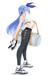 Rule 34 | 1girl, bag, bare arms, bare shoulders, black pants, blue eyes, blue hair, blue ribbon, breasts, chaesu, crop top, duffel bag, from side, full body, hair ribbon, highres, holding, holding clothes, holding footwear, leggings, long hair, medium breasts, midriff, bae minah (chaesu), original, pants, profile, ribbon, shoes, simple background, sneakers, socks, solo, sports bra, standing, stomach, very long hair, white background, white footwear, white socks