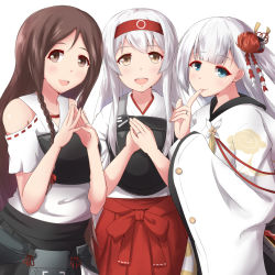 Rule 34 | 3girls, :d, aqua eyes, azur lane, braid, brown eyes, brown hair, commentary request, crossover, detached sleeves, eyeshadow, finger to mouth, hachimaki, hair ornament, hakama, hakama short skirt, hakama skirt, headband, historical name connection, japanese clothes, jewelry, kantai collection, long hair, looking at viewer, makeup, mole, mole under eye, multiple crossover, multiple girls, muneate, name connection, open mouth, pleated skirt, ring, shoukaku (azur lane), shoukaku (kancolle), shoukaku (warship girls r), simple background, single braid, skirt, smile, warship girls r, wedding band, white background, white hair, yukimi unagi