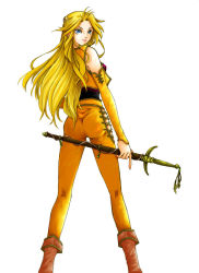 Rule 34 | 1990s (style), 1girl, ass, blonde hair, blue eyes, boots, celes chere, detached sleeves, female focus, final fantasy, final fantasy vi, jacket, kitanokaze36, long hair, looking back, retro artstyle, simple background, solo, sword, weapon, white background