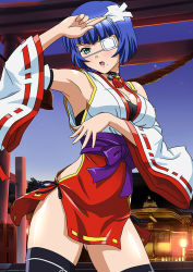 Rule 34 | 1girl, alternate costume, armpits, bell, black choker, black ribbon, black thighhighs, blue hair, blunt bangs, blush, bob cut, breasts, choker, cleavage, contrapposto, cowboy shot, detached sleeves, eyepatch, green eyes, hip vent, ikkitousen, japanese clothes, kimono, large breasts, long sleeves, looking at viewer, mole, mole under mouth, neck bell, open mouth, ribbon, ribbon-trimmed sleeves, ribbon-trimmed thighhighs, ribbon trim, ryomou shimei, short hair, sleeveless, sleeveless kimono, solo, standing, thighhighs, torii, white kimono, white sleeves, wide sleeves