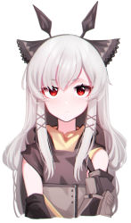 Rule 34 | absurdres, arknights, beudelb, hair ornament, highres, looking at viewer, red eyes, simple background, sleeveless, tagme, weedy (arknights), white background, white hair