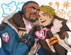 Rule 34 | 2boys, beard, black hair, blonde hair, blue coat, blue eyes, buzz cut, character request, coat, copyright request, facial hair, heart, heart hands, heart hands duo, highres, jacket, looking at viewer, male focus, multiple boys, one eye closed, open mouth, sai (serialmilq), short hair, single arm hug, upper body, very short hair, white background, white jacket, winter clothes, winter coat, yellow eyes, zzz