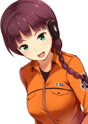 Rule 34 | 10s, 1girl, :d, braid, breasts, brown eyes, dutch angle, emblem, green eyes, hair over shoulder, headphones, huyumitsu, jacket, long hair, long sleeves, looking at viewer, medium breasts, open mouth, simple background, single braid, smile, solo, teruya fumika, upper body, white background, world trigger, zipper