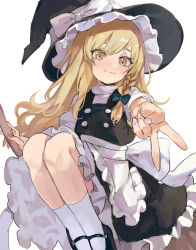 Rule 34 | 1girl, absurdres, apron, back bow, black footwear, black hat, black skirt, black vest, blonde hair, blush, bow, broom, closed mouth, commentary, frilled apron, frilled hat, frilled skirt, frills, green bow, gyaru v, hair bow, hat, hat bow, highres, holding, holding broom, kani nyan, kirisame marisa, knees up, long hair, looking at viewer, mary janes, nail polish, pink nails, puffy short sleeves, puffy sleeves, shirt, shoes, short sleeves, simple background, skirt, smile, socks, solo, touhou, v, vest, waist apron, white apron, white background, white bow, white shirt, white socks, witch hat, yellow eyes
