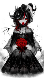 Rule 34 | 1girl, absurdres, alternate costume, artist name, bad id, bad pixiv id, bare shoulders, black choker, black dress, black hair, bouquet, bow, bug, butterfly, choker, collarbone, covered mouth, cross, cross choker, demon wings, detached wings, dress, flower, flower over mouth, highres, holding, holding bouquet, holding flower, insect, kijin seija, limited palette, looking at viewer, multicolored hair, off-shoulder dress, off shoulder, petals, red bow, red eyes, red flower, red hair, red rose, rose, see-through, sheya, signature, single wing, skull, solo, spot color, streaked hair, touhou, white background, white hair, wings