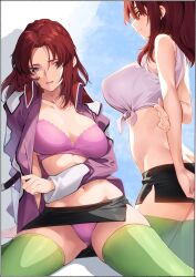 Rule 34 | 1girl, absurdres, arm behind back, arm support, ass, bare arms, bare shoulders, black skirt, blue eyes, blue sky, bra, breasts, butt crack, closed mouth, cloud, cloudy sky, commentary request, crop top, flay allster, green thighhighs, gundam, gundam seed, highres, jacket, kei (soundcross), large breasts, long sleeves, looking at viewer, microskirt, multiple views, navel, open clothes, open jacket, open mouth, panties, parted bangs, pink bra, pink jacket, pink panties, red hair, shirt, side slit, sitting, skindentation, skirt, sky, sleeveless, sleeveless shirt, smile, standing, stomach, thick thighs, thighhighs, thighs, tied shirt, underwear, white shirt