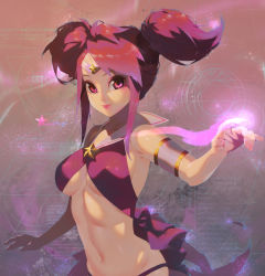 Rule 34 | 1girl, alternate costume, breasts, cleavage, highres, league of legends, long hair, lux (league of legends), magic circle, medium breasts, midriff, navel, no bra, pink eyes, pink hair, smile, solo, star (symbol), star guardian (league of legends), star guardian lux, twintails, underboob, waterring