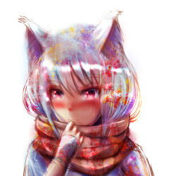 Rule 34 | 1girl, animal ears, autumn leaves, blush, inubashiri momiji, leaf, pops, red eyes, scarf, short hair, silver hair, simple background, solo, touhou, white background, wolf ears