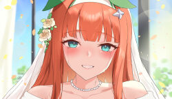 Rule 34 | 1girl, aqua eyes, blunt bangs, blurry, blurry background, bride, collarbone, crying, crying with eyes open, den (den1115 ), dress, ear covers, green eyes, hair ornament, horse girl, jewelry, necklace, orange hair, pearl necklace, silence suzuka (umamusume), solo, tears, umamusume, veil, wedding, wedding dress