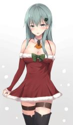 Rule 34 | 1girl, ascot, bad id, bad pixiv id, bare shoulders, black thighhighs, blush, bow, breasts, christmas, cleavage, collarbone, cowboy shot, detached collar, detached sleeves, dress, fur trim, gradient background, green bow, green eyes, green hair, grey background, hair ornament, hairclip, highres, kantai collection, long hair, long sleeves, looking at viewer, medium breasts, orange ascot, parted lips, red dress, santa costume, skindentation, skirt hold, sleeves past wrists, smile, solo, spaghetti strap, standing, suzuya (kancolle), textless version, thigh strap, thighhighs, white background, yuzuzukushi