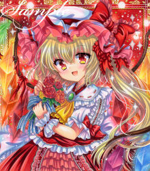 Rule 34 | 1girl, ascot, blonde hair, blue ribbon, bouquet, bow, brooch, embellished costume, flandre scarlet, flower, frilled ascot, frilled bow, frilled ribbon, frilled shirt, frilled shirt collar, frills, hair ribbon, hat, hat bow, holding, holding bouquet, holding flower, jewelry, long hair, looking at viewer, marker (medium), mob cap, open mouth, red background, red bow, red eyes, red flower, red ribbon, red rose, red skirt, red vest, ribbon, ribbon trim, rose, rui (sugar3), sample watermark, shirt, short sleeves, side ponytail, skirt, smile, solo, sparkle, touhou, traditional media, upper body, vest, watermark, white hat, white shirt, wrist cuffs, yellow ascot