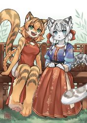 Rule 34 | 2girls, :d, absurdres, animal ears, bench, blonde hair, blue eyes, china dress, chinese clothes, dress, female focus, furry, furry female, grass, green eyes, hands on lap, highres, kawarage yatano, leopard ears, leopard girl, leopard tail, looking at viewer, multicolored hair, multiple girls, open mouth, original, outdoors, parted lips, pawpads, red dress, shorts under dress, sitting, skirt, smile, tail, teeth, tiger ears, tiger girl, tiger tail, white hair