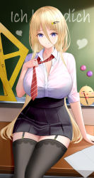Rule 34 | 1girl, absurdres, alternate costume, azur lane, bismarck (azur lane), black garter straps, black skirt, black thighhighs, blonde hair, breasts, chalkboard, classroom, cleavage, collared shirt, curvy, desk, diagonal-striped clothes, diagonal-striped necktie, garter straps, german text, hair between eyes, hair ornament, hairpin, heart, highres, huge breasts, indoors, jewelry, large breasts, long hair, looking at viewer, loose necktie, manjuu (azur lane), miniskirt, necktie, on desk, partially unbuttoned, pen, pleated skirt, purple eyes, red necktie, ring, school uniform, shirt, sitting, skirt, smile, solo, striped clothes, thighhighs, tina (tinafya), translated, very long hair, wedding ring, white shirt, wide hips, zettai ryouiki