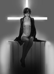 Rule 34 | 111111111 (leiyao), 1girl, altar, black hair, bottomless, breasts, breasts apart, coat, emiya kiritsugu, fate/zero, fate (series), gender request, genderswap, greyscale, hair over one eye, highres, indoors, long coat, looking at viewer, monochrome, naked coat, nipples, no bra, no panties, no shirt, no shoes, open clothes, short hair, sitting, small breasts, small nipples, solo, thighhighs