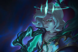 Rule 34 | 1boy, black sclera, closed mouth, collarbone, colored sclera, commentary request, crown, glowing, glowing weapon, gradient background, green eyes, green jacket, grey hair, highres, jacket, league of legends, male focus, medium hair, pale skin, qinhuaiyu (sihouette), solo, upper body, viego (league of legends), weapon