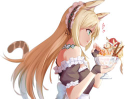 Rule 34 | 1girl, :q, absurdres, alternate color, alternate costume, alternate hair color, animal ears, b b b b66, bare shoulders, bastet (p&amp;d), black gloves, blonde hair, cat ears, cat tail, cup, enmaided, fingerless gloves, fingernails, frills, from side, gloves, green eyes, hands up, headdress, heart, highres, holding, holding cup, jewelry, long fingernails, long hair, maid, mujinbensin, nail polish, parfait, pink nails, profile, puzzle &amp; dragons, sidelocks, simple background, smile, solo, standing, tail, tongue, tongue out, upper body, white background, youfuu no aibyoushin bastet