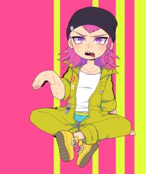 Rule 34 | 10s, 1boy, beanie, braid, chibi, danganronpa (series), danganronpa 2: goodbye despair, earrings, hat, highres, holding, indian style, jewelry, looking at viewer, male focus, mechanic, moyori, pink background, pink eyes, pink hair, sharp teeth, shoes, simple background, sitting, sleeves rolled up, sneakers, soda kazuichi, solo, striped, striped background, sweat, teeth, tongue, tongue out, underwear, unzipped, yellow background