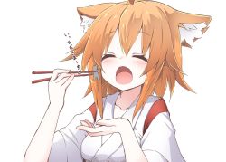 Rule 34 | 1girl, animal ear fluff, animal ears, blush, chopsticks, closed eyes, highres, japanese clothes, miko, niwaka potato, open mouth, orange hair, original, simple background, size difference, vore, white background
