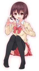 Rule 34 | 1girl, achiga school uniform, bad id, bad pixiv id, black thighhighs, bow, bowtie, brown eyes, brown hair, cardigan, cat&#039;s cradle, commentary request, dress shirt, full body, invisible chair, long sleeves, looking at viewer, no shoes, open mouth, red bow, red bowtie, red skirt, saki, saki (manga), saki achiga-hen, school uniform, shirt, shizaki aya, short hair, sitting, skirt, smile, solo, sweater, thighhighs, white shirt, yellow sweater, yoi naosuke