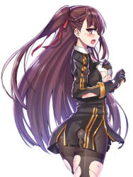 Rule 34 | 1girl, angry, ass, black dress, black gloves, black pantyhose, blush, braid, breasts, brown hair, cowboy shot, dress, from side, girls&#039; frontline, gloves, google (asdek18), hair ribbon, long hair, looking at viewer, open mouth, pantyhose, profile, red eyes, red ribbon, ribbon, side ponytail, sideboob, solo, thighband pantyhose, torn clothes, torn pantyhose, wa2000 (girls&#039; frontline), white background
