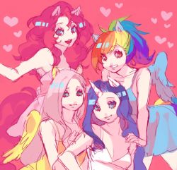 Rule 34 | 4girls, animal ears, bare shoulders, fluttershy, friends, heart, horns, matsusaka, multicolored hair, multiple girls, my little pony, my little pony: friendship is magic, personification, pink background, pink hair, pinkie pie, ponytail, purple hair, rainbow dash, rainbow hair, rarity (my little pony), single horn, wings