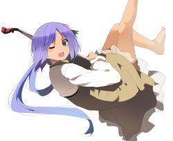 Rule 34 | 1girl, bad id, bad twitter id, barefoot, biwa lute, blush, dress, flower, hair flower, hair ornament, hasebe yuusaku, instrument, leg up, long hair, long sleeves, looking at viewer, low twintails, lute (instrument), one eye closed, open mouth, purple eyes, purple hair, round teeth, simple background, solo, teeth, touhou, tsukumo benben, twintails, white background