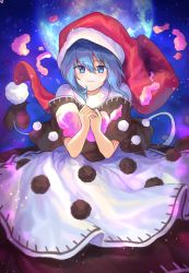 Rule 34 | 1girl, black capelet, blob, blue eyes, blue hair, capelet, cheunes, commentary, cowboy shot, doremy sweet, dress, full moon, hair between eyes, hands up, hat, highres, looking at viewer, moon, nightcap, own hands together, pom pom (clothes), red hat, short hair, smile, solo, tail, tapir tail, touhou, white dress