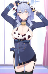 Rule 34 | 1girl, ako (blue archive), animal ears, animal print, arms up, bell, bikini, bikini top only, black thighhighs, blue archive, blue dress, blue eyes, blue gloves, blue hair, blush, breasts, cleavage, cow ears, cow print, curtains, dress, enosan, fake animal ears, fake horns, garter straps, gloves, gun, hair between eyes, hair ornament, hair ribbon, half gloves, halo, handgun, highres, horns, large breasts, long hair, long sleeves, neck bell, open clothes, open dress, ribbon, skindentation, solo, sweat, swimsuit, thighhighs, weapon, window