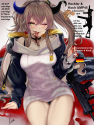 Rule 34 | 1girl, arm support, blood, blue nails, blush, breasts, bridal gauntlets, brown hair, character doll, choker, cleavage, coat, collarbone, commentary, dress, earrings, english commentary, english text, eyeshadow, girls&#039; frontline, gun, h&amp;k ump, hair between eyes, hair ornament, hairband, hand up, heart, heart earrings, highres, hood, hooded coat, horns, jewelry, licking lips, long hair, looking at viewer, makeup, medium breasts, nail polish, off-shoulder dress, off shoulder, one side up, open clothes, open coat, photoshop (medium), piukute062, pool of blood, scar, scar across eye, scar on face, sidelocks, signature, single strap, sitting, smile, sweater, sweater dress, tongue, tongue out, ump45 (girls&#039; frontline), ump9 (girls&#039; frontline), very long hair, watch, weapon, yellow eyes