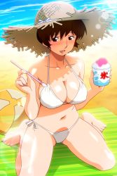 Rule 34 | 1girl, bikini, blanket, blush, breasts, brown eyes, brown hair, covered erect nipples, cup, day, drinking straw, food, halterneck, hat, holding, holding cup, holding drinking straw, large breasts, lens flare, looking at viewer, navel, non-web source, official art, open mouth, outdoors, photoshop (medium), shaved ice, shiny skin, short hair, side-tie bikini bottom, sitting, solo, spoon straw, straw hat, sun hat, super real mahjong, swimsuit, tanaka ryou, toyohara etsuko, wariza, white bikini