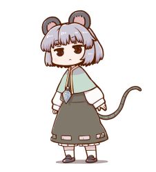 Rule 34 | 1girl, :&lt;, @ @, animal ears, black eyes, black footwear, blue capelet, capelet, closed mouth, dress, full body, grey dress, grey hair, jewelry, long sleeves, looking at viewer, mouse ears, mouse tail, nazrin, pendant, poronegi, shoes, short hair, simple background, socks, solo, standing, tail, touhou, white background, white socks