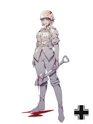 Rule 34 | 1girl, absurdres, arms at sides, balkenkreuz, belt, blood, blood on arm, blood on clothes, blood on face, bloody weapon, boots, breast pocket, breasts, buttons, collared jacket, cross, full body, helmet, highres, holding, holding shovel, iron cross, jacket, knee boots, large breasts, liya nikorov, looking at viewer, military uniform, original, pants, parted lips, pocket, pouch, short hair, short sleeves, shovel, smile, solo, spot color, standing, teeth, uniform, weapon, wehrmacht, white background, world war ii