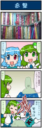 Rule 34 | 2girls, 4koma, :d, ^ ^, artist self-insert, blood, blue hair, blush, breasts, closed eyes, comic, commentary request, detached sleeves, eyebrows, closed eyes, fabric, faceless, frog hair ornament, green eyes, green hair, hair ornament, heterochromia, highres, kochiya sanae, large breasts, mizuki hitoshi, multiple girls, open mouth, photo (medium), punching, real life insert, smile, snake hair ornament, sparkle, sweat, tatara kogasa, touhou, translation request