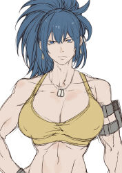 Rule 34 | 1girl, blue eyes, blue hair, breasts, cleavage, hand on own hip, jewelry, large breasts, leona heidern, looking at viewer, midriff, navel, necklace, ponytail, snk, solo, tank top, the king of fighters, toned