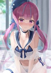 Rule 34 | 1girl, absurdres, ahoge, blue hair, blue hat, blush, breasts, bridal garter, closed mouth, commentary request, curtains, hat, highres, hololive, long hair, looking at viewer, medium breasts, minato aqua, multicolored hair, navel, purple eyes, purple hair, sitting, solo, swimsuit, thigh strap, tojo aoi, twintails, two-tone hair, very long hair, virtual youtuber, window