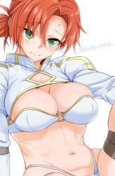 Rule 34 | 1girl, bikini, boudica (fate), breasts, cleavage, fate/grand order, fate (series), green eyes, highleg, highleg bikini, highres, knee up, large breasts, long sleeves, looking at viewer, navel, o-ring, ponytail, red hair, short hair, short ponytail, shrug (clothing), solo, swimsuit, thigh strap, thighs, torichamaru, white bikini