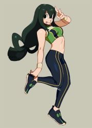 Rule 34 | 1girl, asui tsuyu, black eyes, black footwear, black leggings, boku no hero academia, brown background, commission, full body, hair rings, hand up, highres, leg up, leggings, long hair, looking at viewer, low-tied long hair, midriff, navel, shoes, signature, simple background, smile, solo, standing, tongue, tongue out, v, zambiie