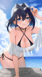 Rule 34 | absurdres, ayul (ayulneri 92), bare shoulders, bikini, bikini under clothes, black bikini, blue eyes, blush, breasts, cleavage, collarbone, eyewear on head, hair intakes, highres, hololive, hololive english, large breasts, looking at viewer, ocean, off shoulder, ouro kronii, outdoors, parted lips, see-through, short hair, side-tie bikini bottom, smile, sunglasses, swimsuit, virtual youtuber, water
