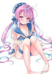 Rule 34 | 1girl, absurdres, barefoot, bikini, blue bikini, blue bow, blue hair, blue hat, blue nails, blush, bow, breasts, cleavage, closed mouth, collar, collarbone, colored inner hair, frilled collar, frilled sailor collar, frills, full body, hair bow, halterneck, hat, highres, hololive, knees up, large breasts, long hair, looking at viewer, minato aqua, multicolored hair, nail polish, null maru, pink eyes, pink hair, sailor collar, sidelocks, sitting, solo, streaked hair, swimsuit, thigh strap, twintails, two-tone hair, very long hair, virtual youtuber