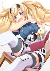 Rule 34 | 1girl, belt, blonde hair, blue eyes, blue shirt, blush, breast pocket, breasts, collared shirt, encyclopedia caterpillar, gambier bay (kancolle), hair between eyes, hairband, kantai collection, large breasts, mofu namako, multicolored clothes, open mouth, pocket, shirt, shorts, sitting, thighhighs, twintails, white thighhighs