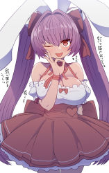 Rule 34 | 1girl, :p, animal ears, blush, bow, breasts, choker, cleavage, cowboy shot, detached sleeves, di gi charat, dice, dice hair ornament, dress, fellatio gesture, frilled dress, frills, hair intakes, hair ornament, heart, highres, large breasts, long hair, ok sign, one eye closed, purple hair, rabbit ears, red eyes, ribbon, ribbon choker, simple background, solo, sumiyao (amam), tongue, tongue out, translation request, twintails, usada hikaru, white background