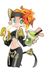 Rule 34 | 1girl, :t, amiami, banana, blue eyes, bright pupils, cheek bulge, cropped jacket, cup, disposable cup, drinking straw, eating, female focus, fiery hair, food, fruit, headband, holding, holding food, looking at viewer, nintendo, orange hair, pants, pointy ears, ring-con, ring fit adventure, ring fit trainee, simple background, solo, sports bra, white background, white pupils, yoga pants