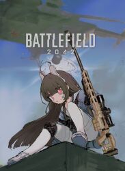 Rule 34 | 1girl, ahoge, aircraft, animal ear headphones, animal ears, arm support, bandaid, bandaid on face, battlefield (series), binoculars, black hair, blue archive, blue shirt, blue skirt, blue sky, blunt bangs, blunt ends, bright pupils, crossover, fake animal ears, full body, gun, halo, headphones, helicopter, highres, hime cut, holding, holding gun, holding weapon, knee pads, long hair, long sleeves, miyu (blue archive), on roof, open mouth, outdoors, pantyhose, pink eyes, pleated skirt, rabbit ear headphones, raised eyebrows, reitoubeef, rifle, sailor collar, school uniform, scope, serafuku, shirt, shoes, single knee pad, skirt, sky, sneakers, sniper rifle, solo, squatting, sweat, very long hair, weapon, white pantyhose, white pupils, white sailor collar