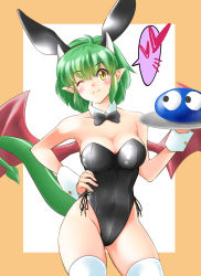 Rule 34 | 1girl, 1other, absurdres, animal ears, black leotard, black neckwear, bow, bowtie, breasts, cleavage, commentary request, cowboy shot, detached collar, draco centauros, dragon girl, dragon horns, dragon tail, dragon wings, fake animal ears, green hair, hand on own hip, highres, horns, leotard, looking at viewer, madou monogatari, medium breasts, nanao futaba, playboy bunny, pointy ears, puyo (puyopuyo), puyopuyo, rabbit ears, short hair, smile, standing, strapless, strapless leotard, tail, thighhighs, white thighhighs, wings, wrist cuffs, yellow eyes