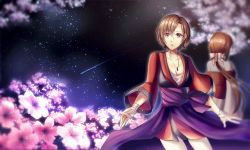 Rule 34 | 2girls, bandaged hand, bandages, bow, breasts, brown eyes, brown hair, cape, cleavage, collarbone, cowboy shot, floating hair, flower, hair between eyes, hair bow, highres, japanese clothes, jewelry, kimono, long hair, long sleeves, looking at viewer, medium breasts, meiko (vocaloid), multiple girls, necklace, night, night sky, parted lips, pink flower, purple cape, short hair, short kimono, sky, standing, star (sky), starry sky, very long hair, vocaloid, waist cape, white bow, yen-mi
