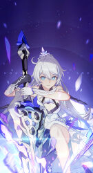 Rule 34 | 1girl, ahoge, asymmetrical clothes, bare shoulders, black gloves, blue eyes, breasts, chinese commentary, crown, english text, gloves, highres, holding, holding sword, holding weapon, honkai (series), honkai impact 3rd, kiana kaslana, kiana kaslana (herrscher of flamescion), kneeling, long hair, multicolored hair, official alternate costume, official art, official wallpaper, parted lips, single bare leg, small breasts, solo, streaked hair, sword, v-shaped eyebrows, weapon, white gloves