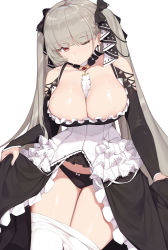 Rule 34 | 1girl, azur lane, black panties, breasts, cleavage, clothes pull, earrings, formidable (azur lane), grey hair, hair ribbon, highres, jewelry, large breasts, long hair, looking at viewer, one eye closed, panties, pantyhose, pantyhose pull, pepper0, red eyes, ribbon, simple background, solo, twintails, underwear, white background, white pantyhose